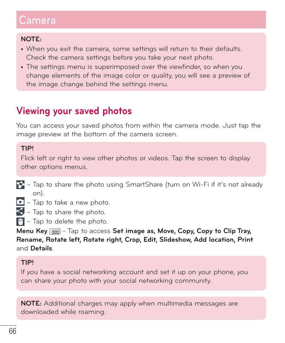 Viewing your saved photos, Camera | LG LGD801BK User Manual | Page 68 / 177