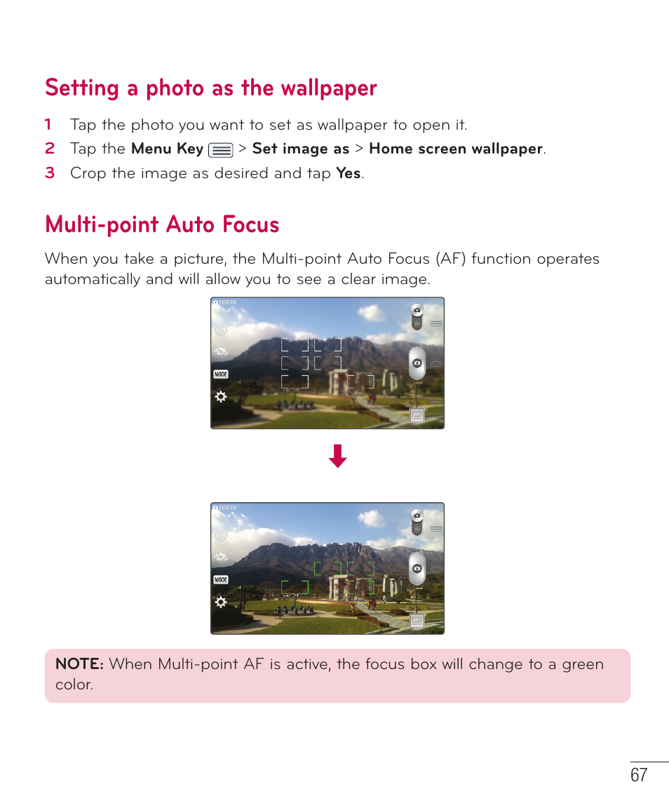 Setting a photo as the wallpaper, Multi-point auto focus | LG LGD801BK User Manual | Page 69 / 177