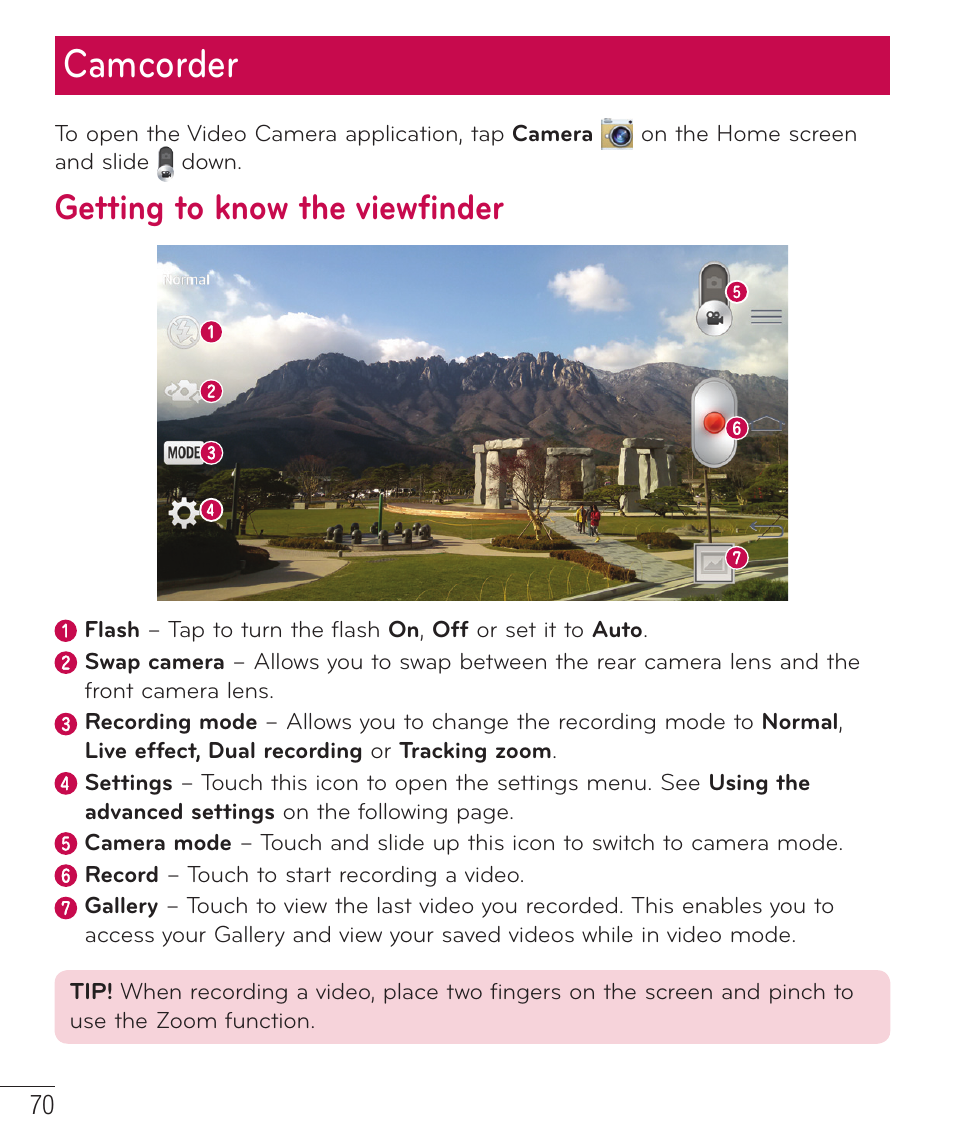 Camcorder, Getting to know the viewfinder | LG LGD801BK User Manual | Page 72 / 177
