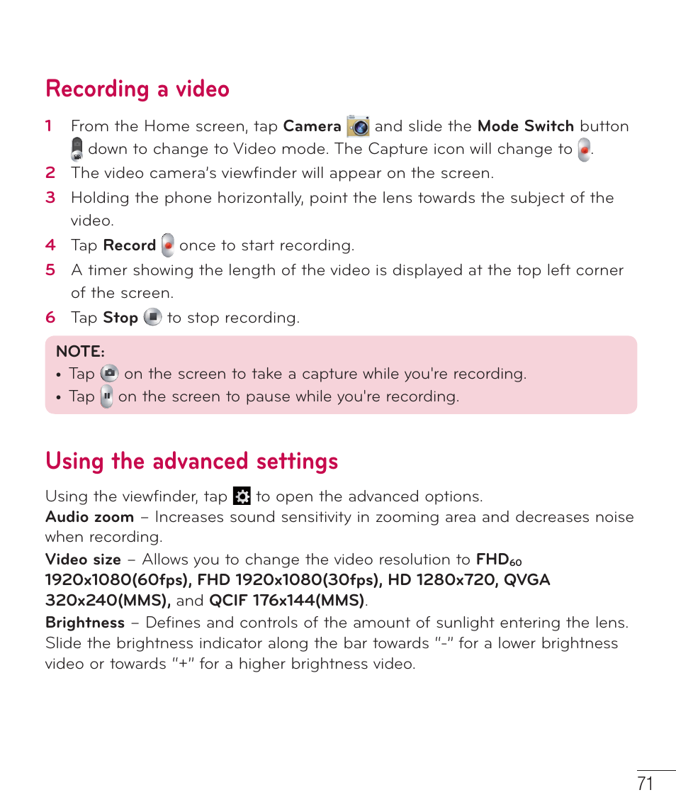 Recording a video, Using the advanced settings | LG LGD801BK User Manual | Page 73 / 177