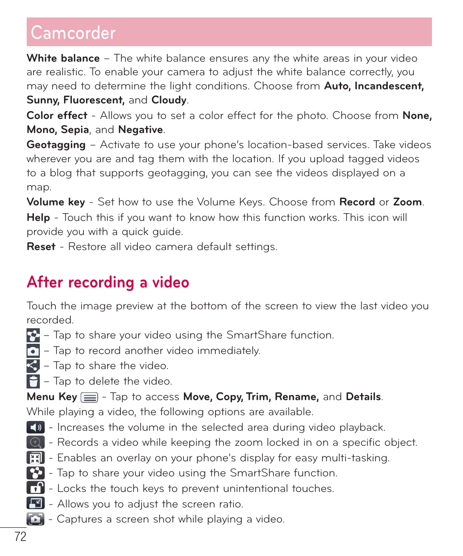After recording a video, Camcorder | LG LGD801BK User Manual | Page 74 / 177
