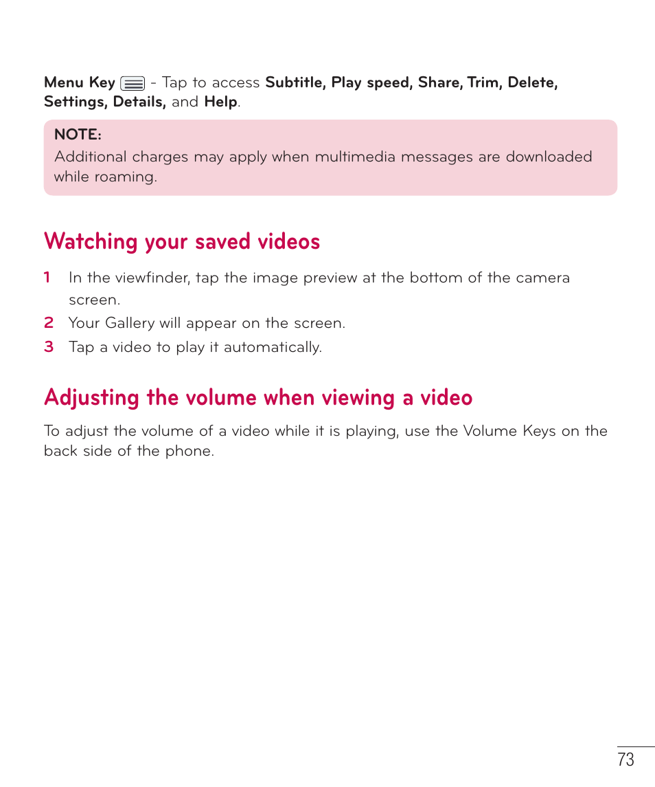 Watching your saved videos, Adjusting the volume when viewing a video | LG LGD801BK User Manual | Page 75 / 177