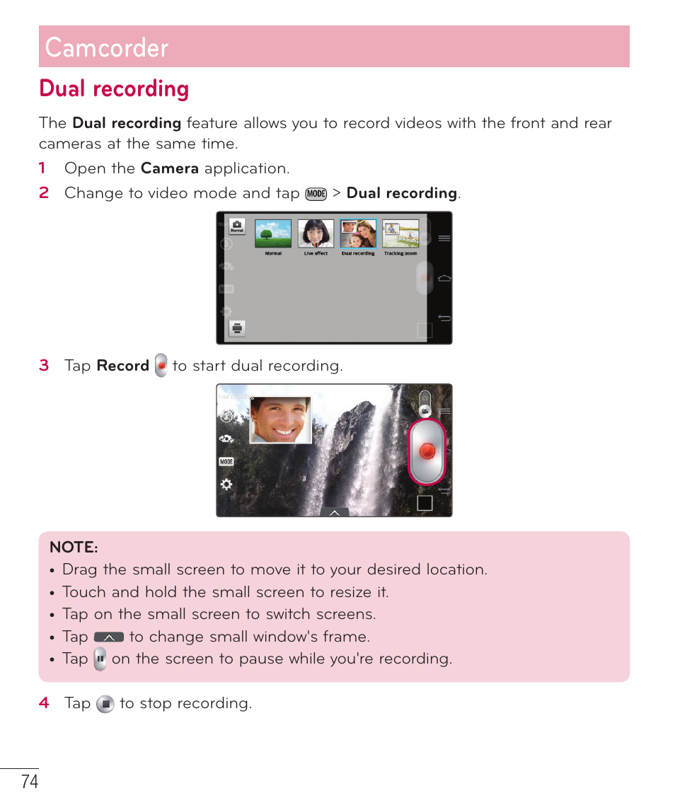 Dual recording, Camcorder | LG LGD801BK User Manual | Page 76 / 177