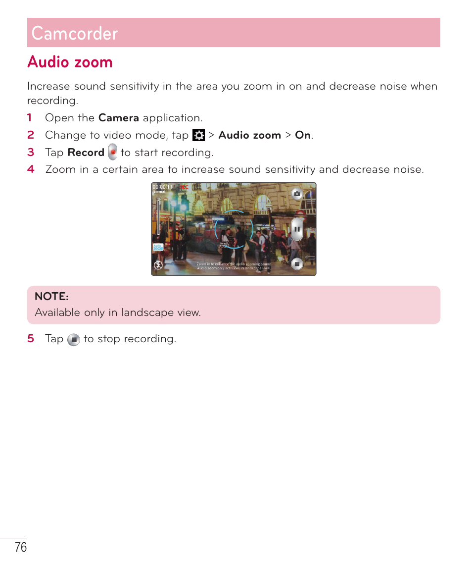 Audio zoom, Camcorder | LG LGD801BK User Manual | Page 78 / 177
