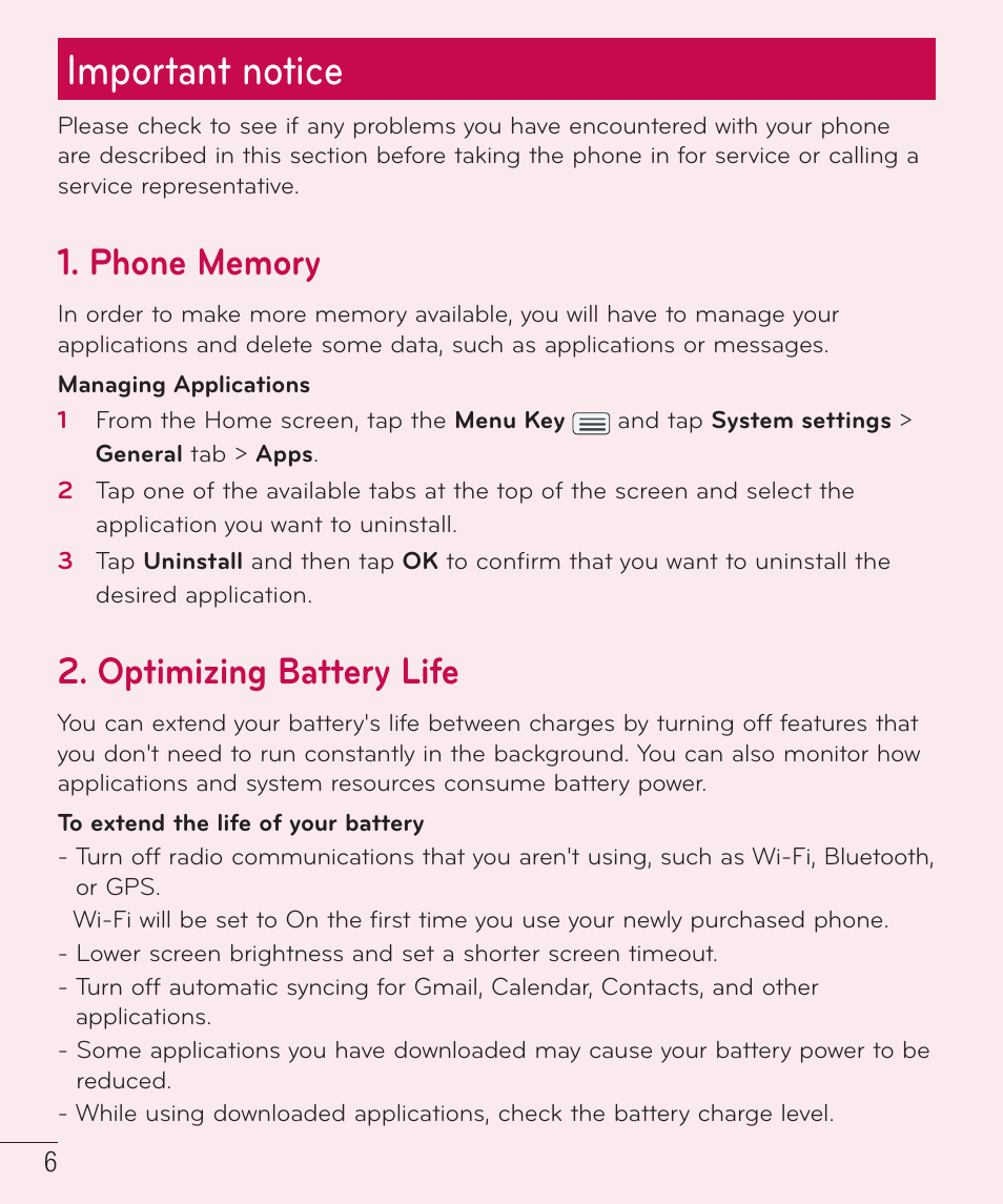 Important notice, Optimizing battery life | LG LGD801BK User Manual | Page 8 / 177