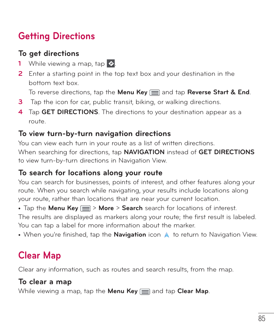 Getting directions, Clear map | LG LGD801BK User Manual | Page 87 / 177