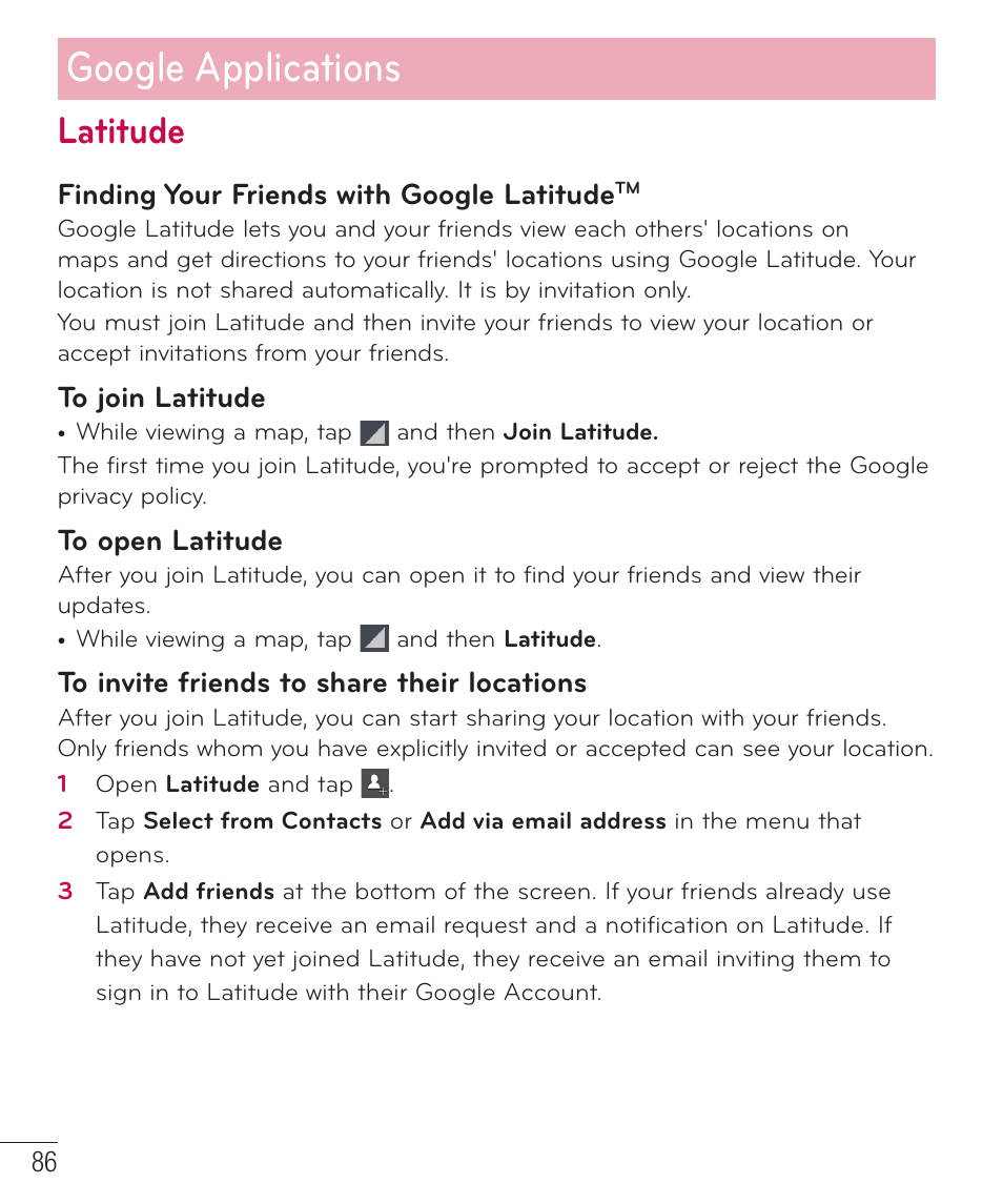 Latitude, Google applications, Finding your friends with google latitude | LG LGD801BK User Manual | Page 88 / 177