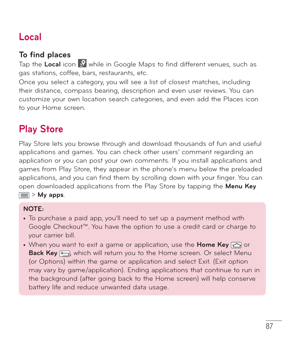 Local, Play store | LG LGD801BK User Manual | Page 89 / 177