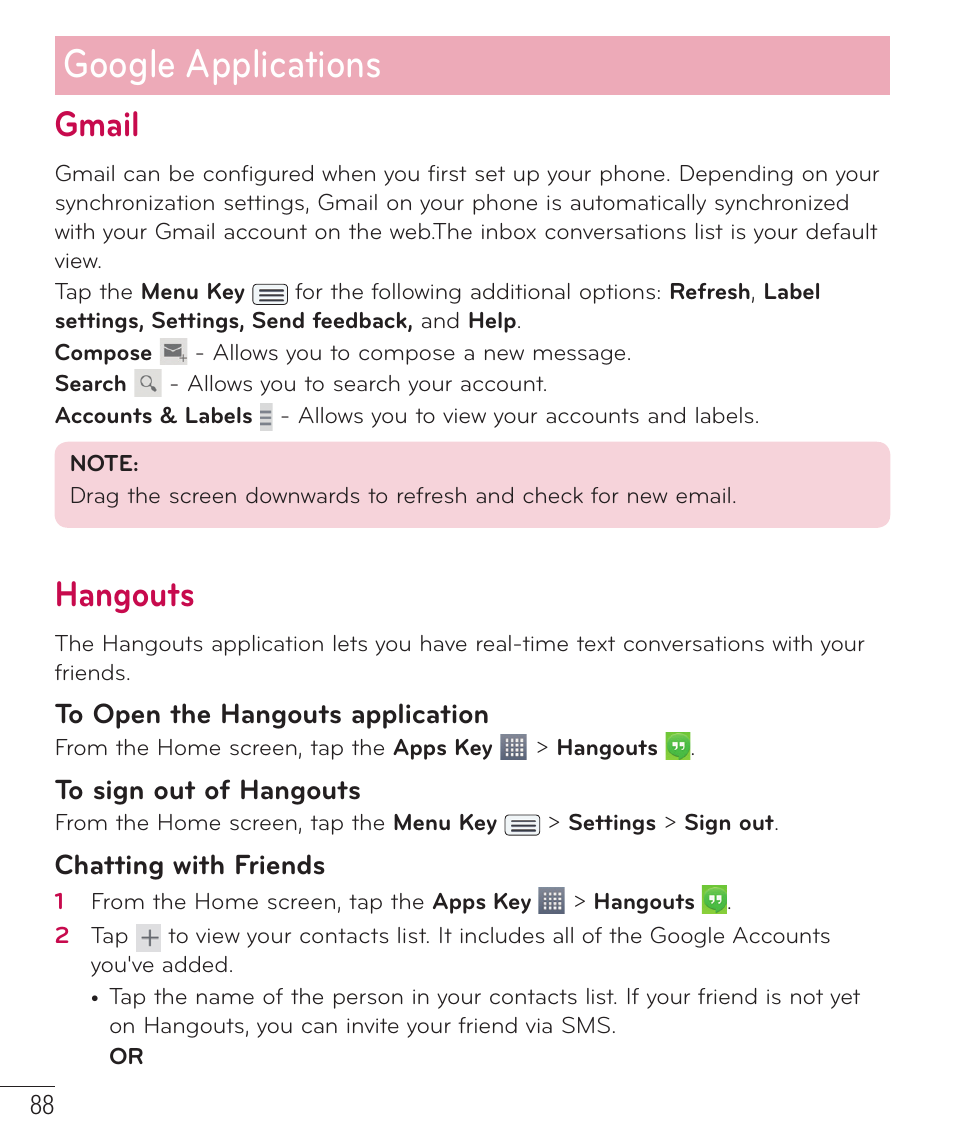 Gmail, Hangouts, Google applications | LG LGD801BK User Manual | Page 90 / 177