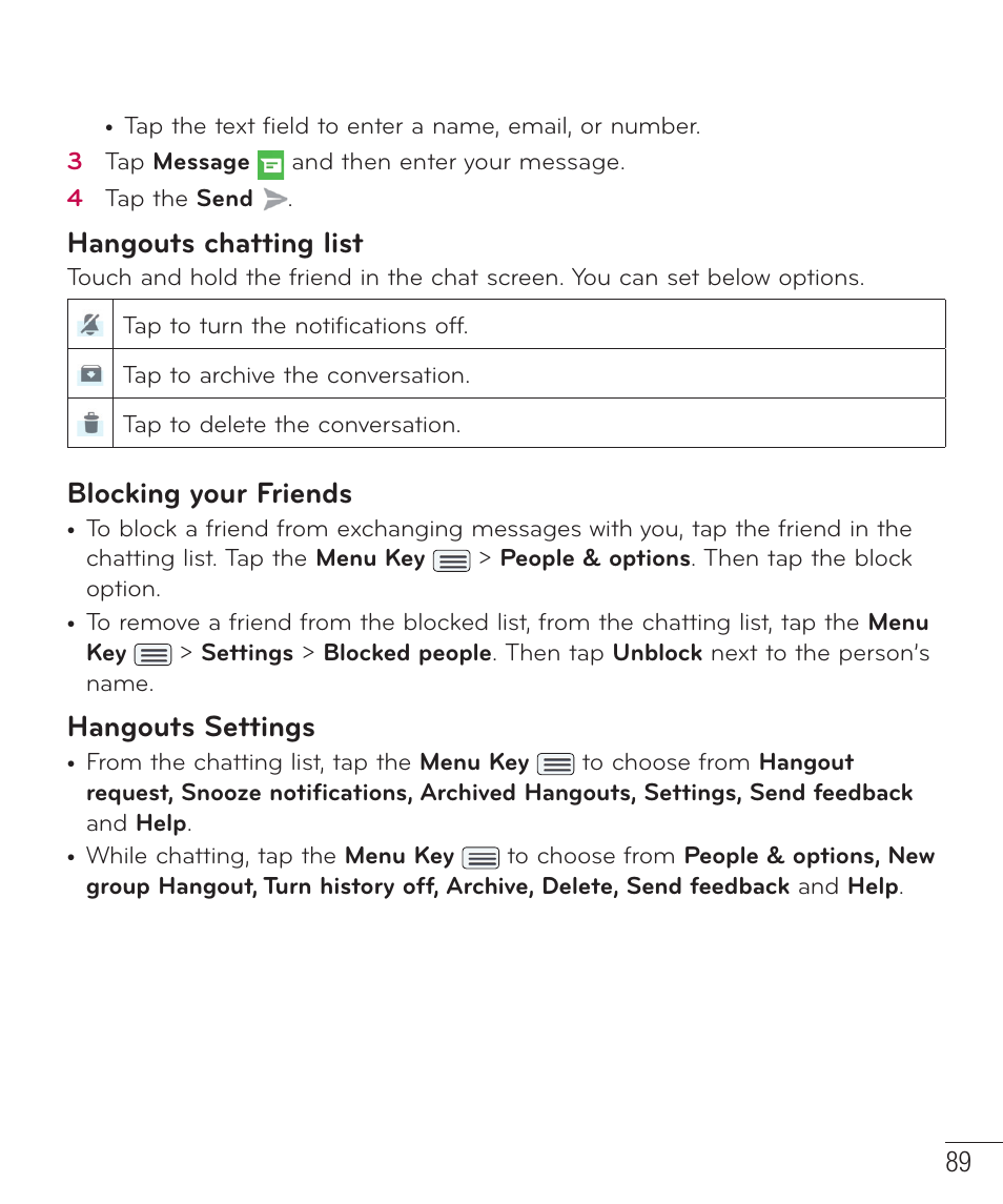 Hangouts chatting list, Blocking your friends, Hangouts settings | LG LGD801BK User Manual | Page 91 / 177