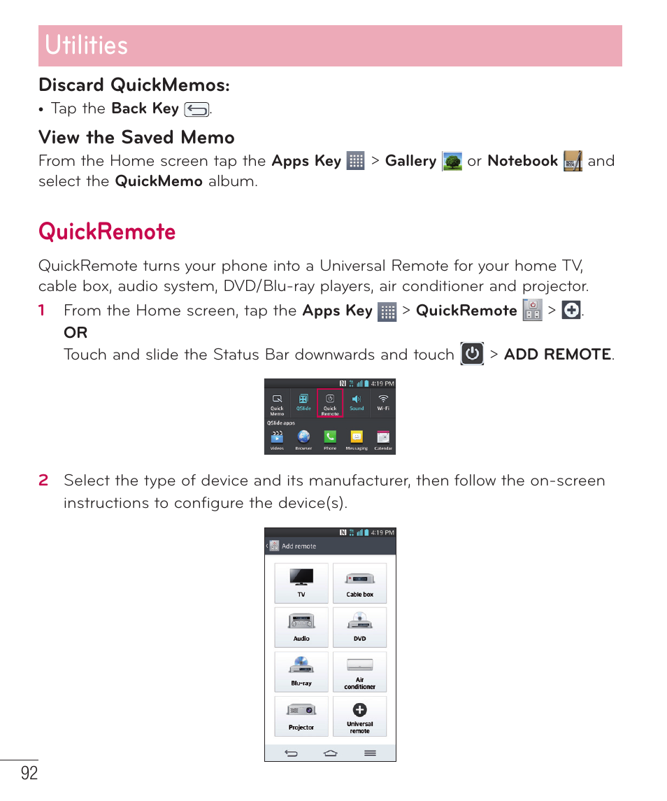 Quickremote, Utilities | LG LGD801BK User Manual | Page 94 / 177