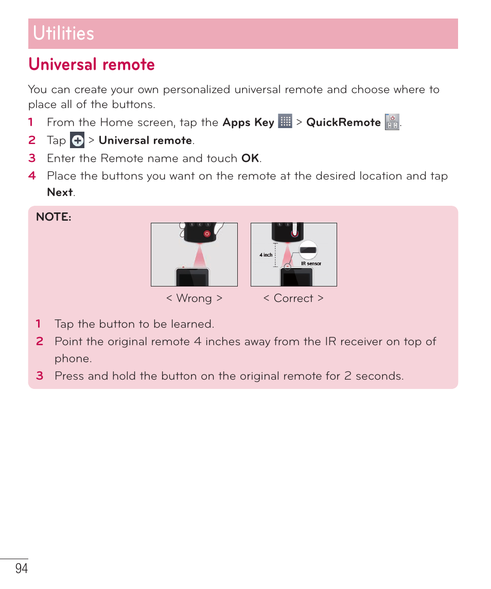 Universal remote, Utilities | LG LGD801BK User Manual | Page 96 / 177