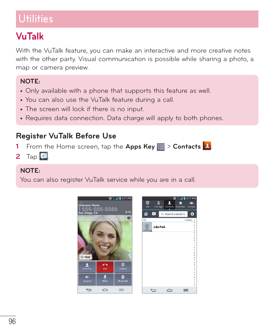 Vutalk, Utilities, Register vutalk before use | LG LGD801BK User Manual | Page 98 / 177