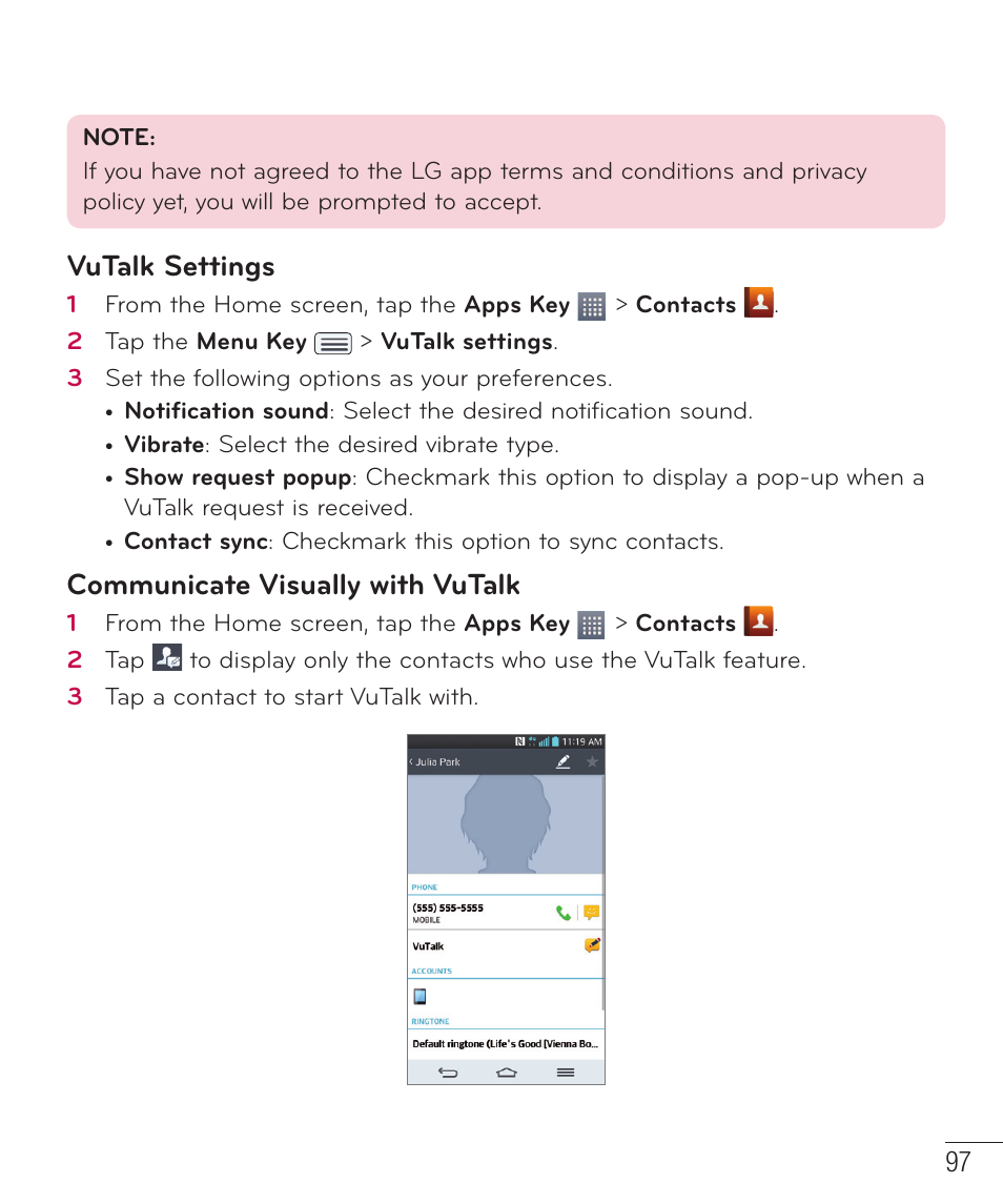 Vutalk settings, Communicate visually with vutalk | LG LGD801BK User Manual | Page 99 / 177