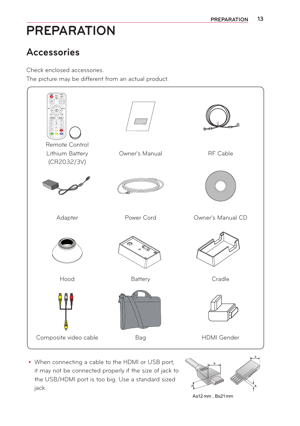 Preparation, Accessories | LG PG65U User Manual | Page 13 / 68