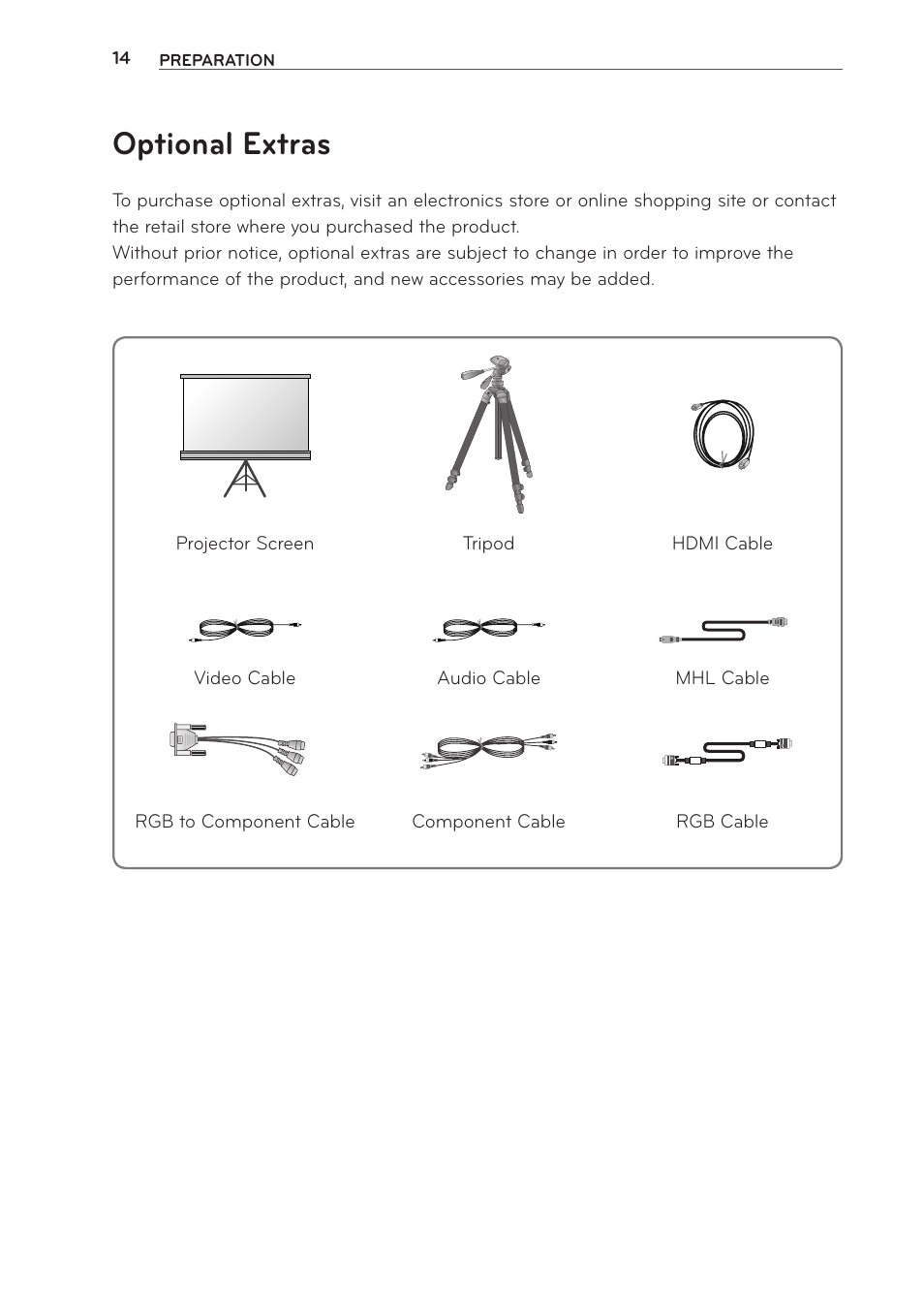 Optional extras | LG PG65U User Manual | Page 14 / 68