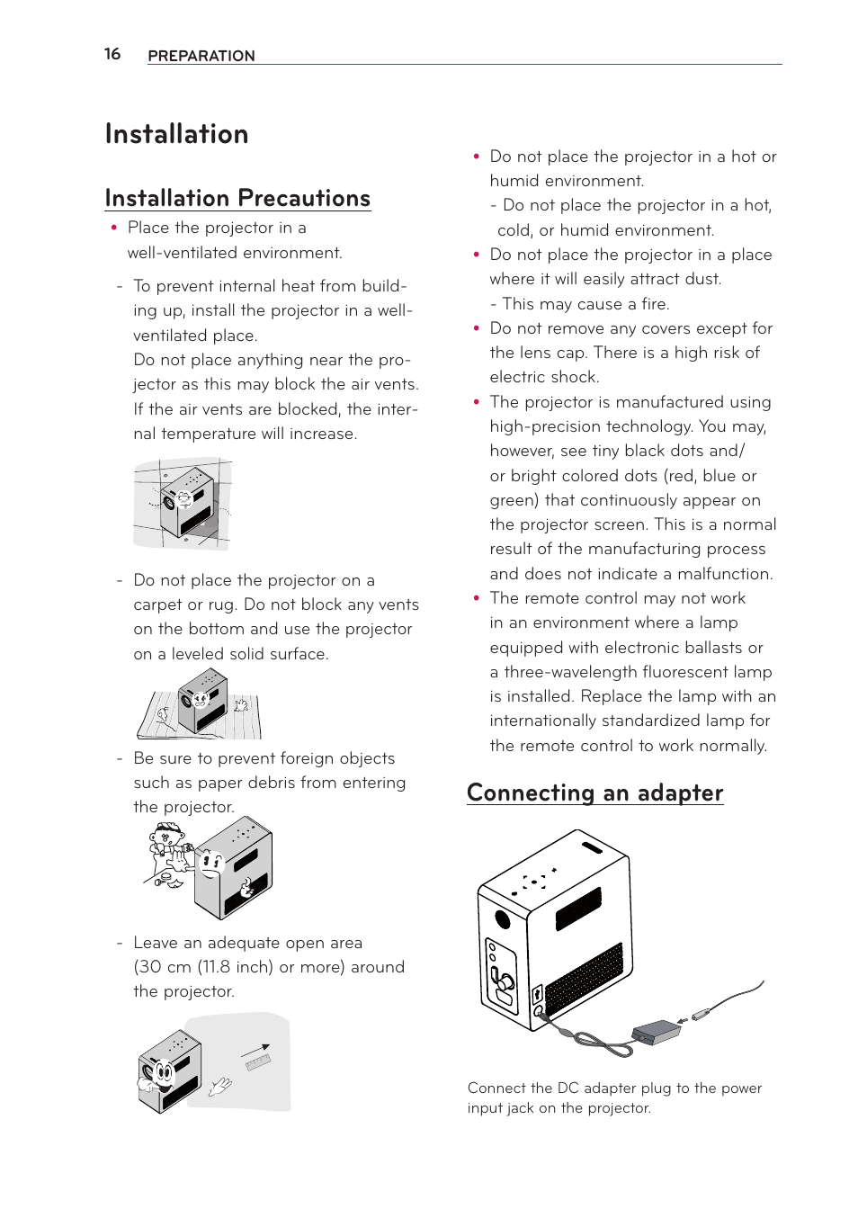 Installation, Installation precautions, Connecting an adapter | LG PG65U User Manual | Page 16 / 68