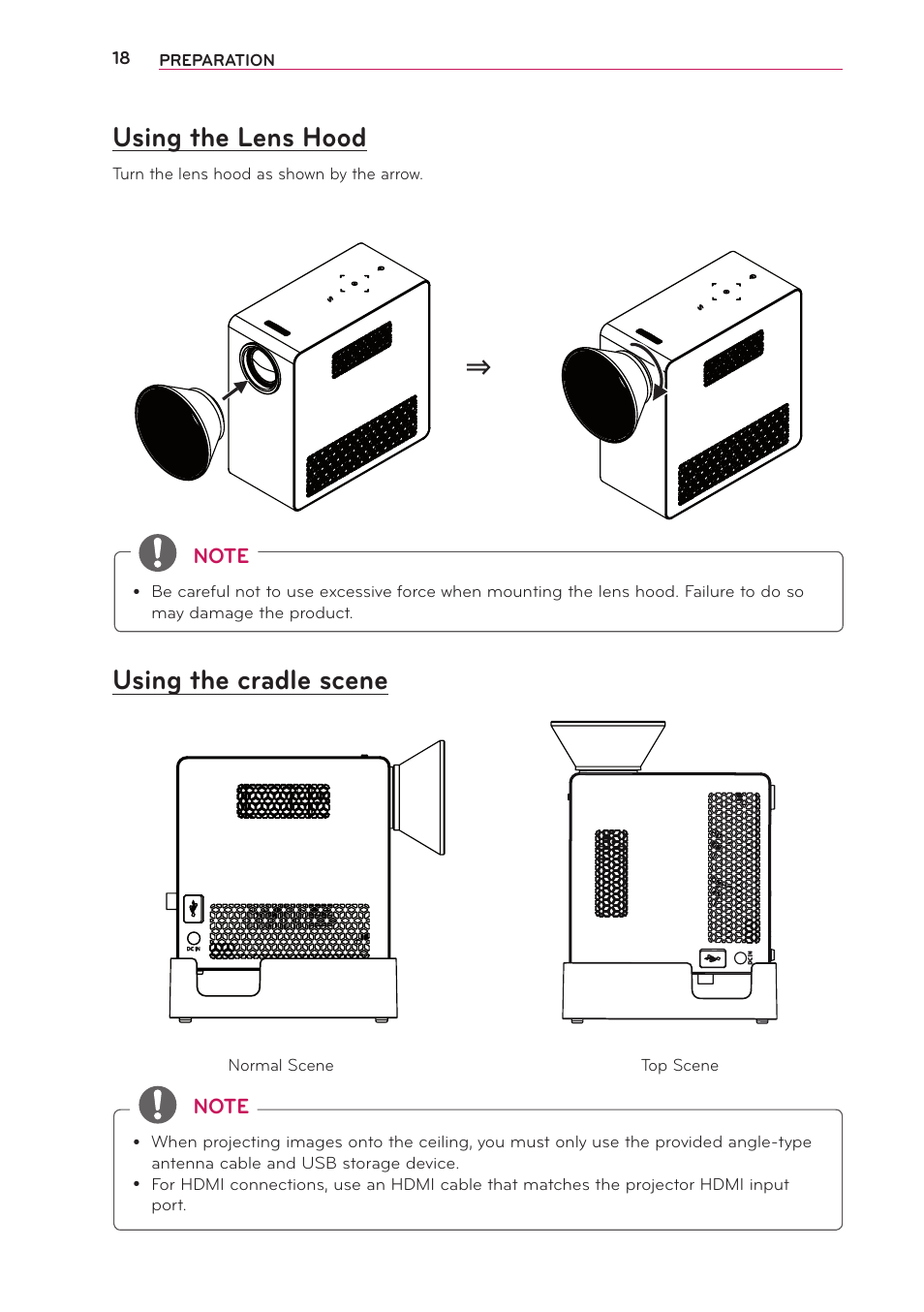 Using the lens hood, Using the cradle scene, Using the lens hood using the cradle scene | LG PG65U User Manual | Page 18 / 68