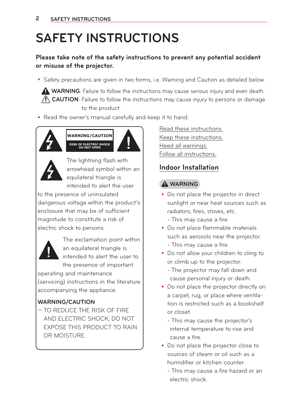 Safety instructions, Indoor installation | LG PG65U User Manual | Page 2 / 68