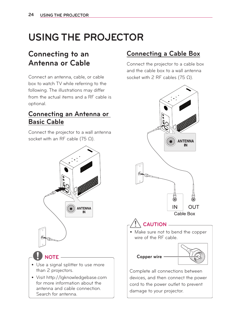 Using the projector, Connecting to an antenna or cable, Connecting an antenna or basic cable | Connecting a cable box, Connecting to an antenna or cable 24, Connecting an antenna or, Basic cable | LG PG65U User Manual | Page 24 / 68