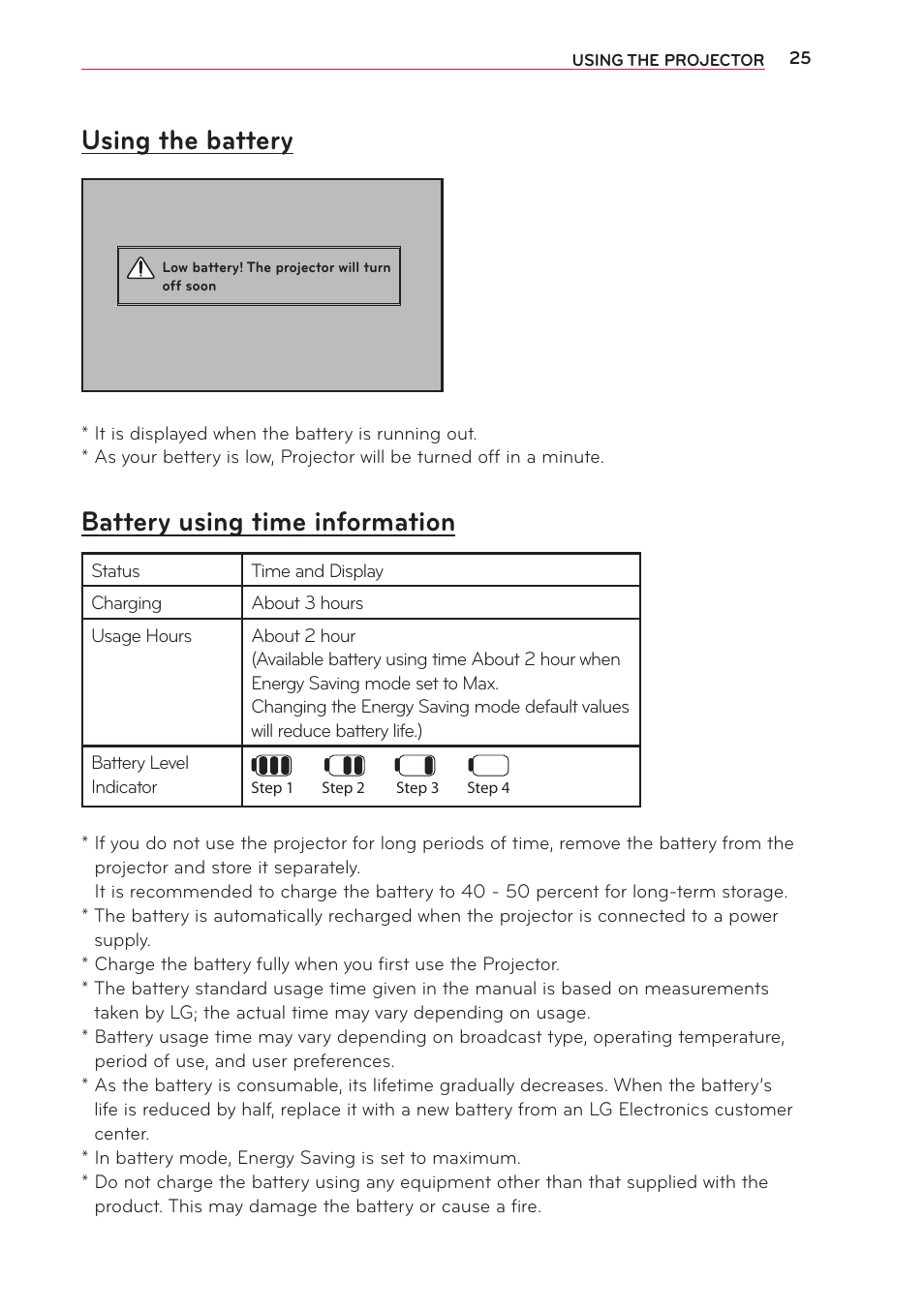 Using the battery, Battery using time information | LG PG65U User Manual | Page 25 / 68