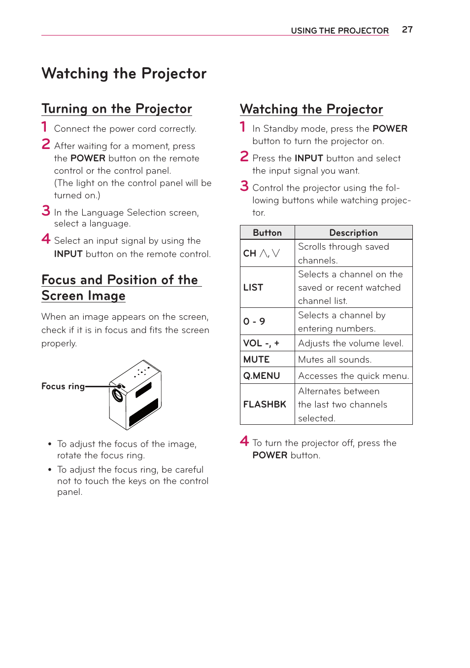 Watching the projector, Turning on the projector, Focus and position of the screen image | Focus and position, Of the screen image | LG PG65U User Manual | Page 27 / 68
