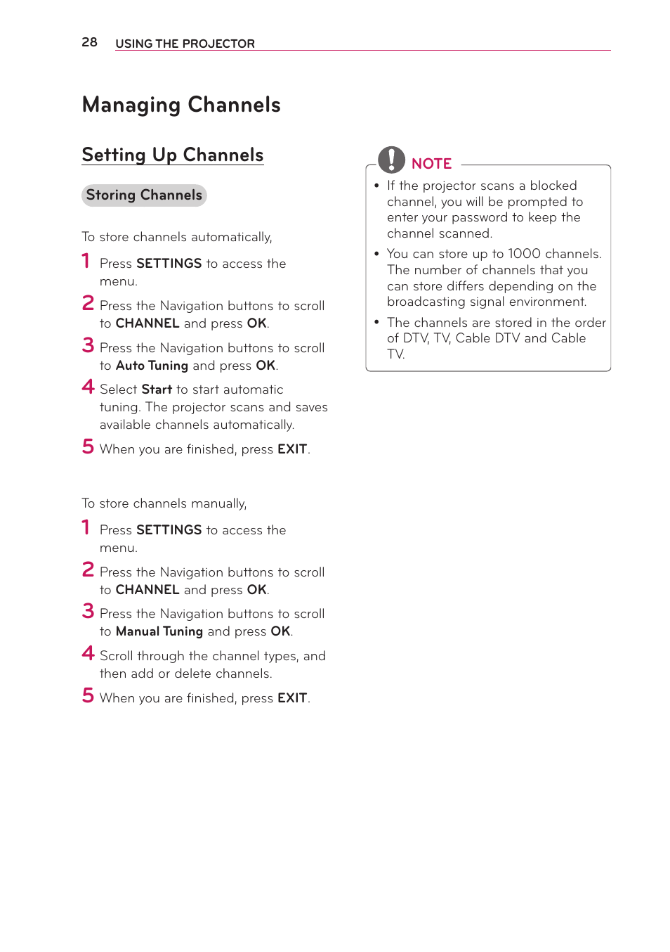 Managing channels, Setting up channels | LG PG65U User Manual | Page 28 / 68