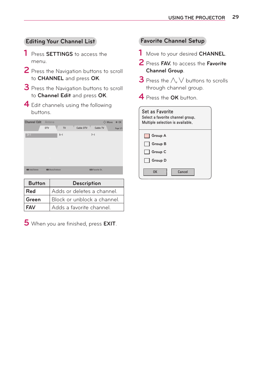 Editing your channel list, Favorite channel setup | LG PG65U User Manual | Page 29 / 68