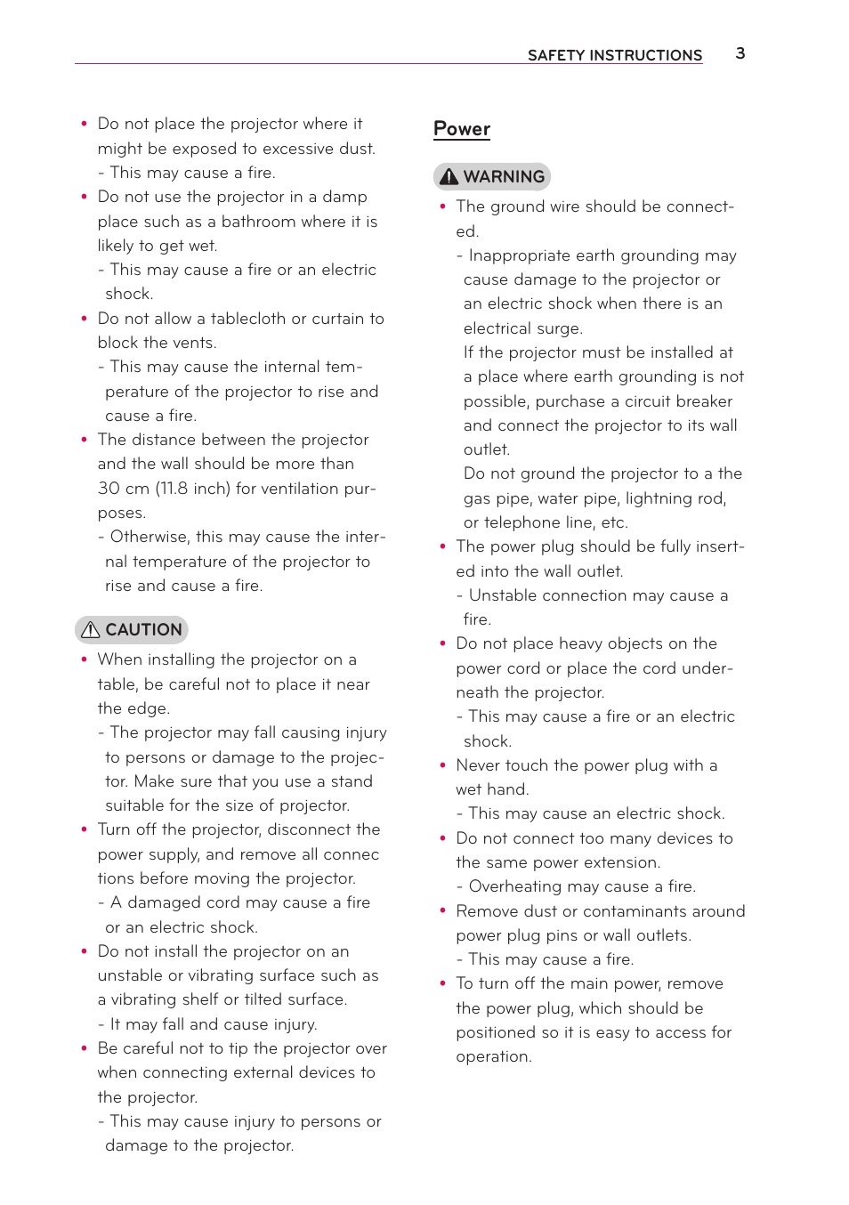 Power | LG PG65U User Manual | Page 3 / 68