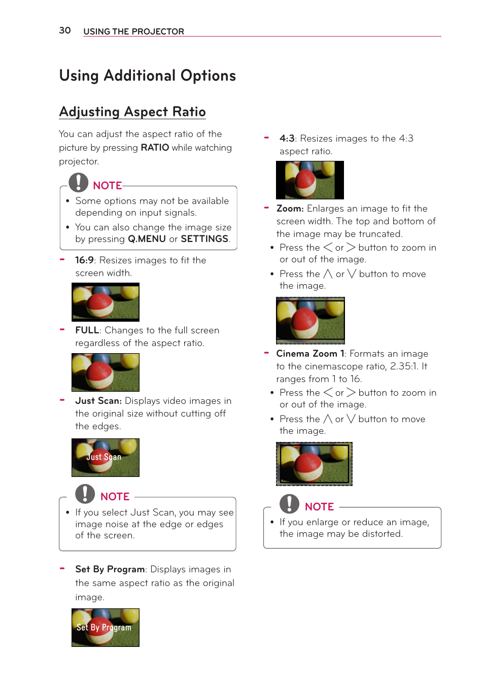 Using additional options, Adjusting aspect ratio | LG PG65U User Manual | Page 30 / 68