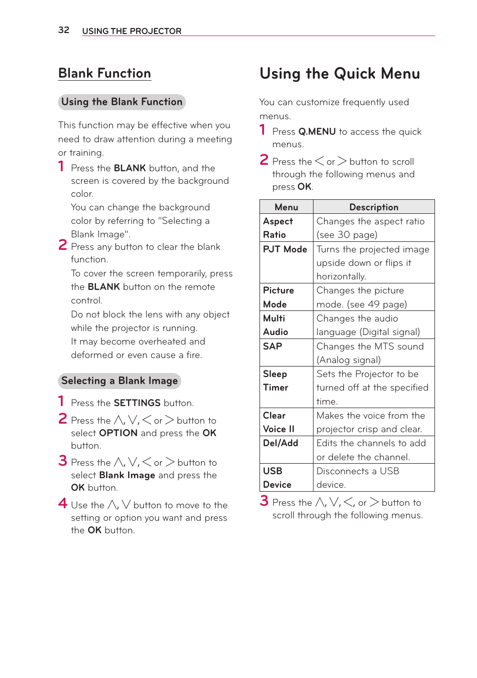 Blank function, Using the quick menu | LG PG65U User Manual | Page 32 / 68