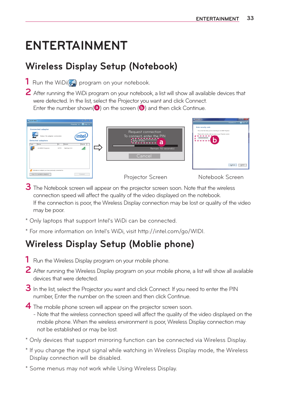 Entertainment, Wireless display setup (notebook), Wireless display setup (moblie phone) | LG PG65U User Manual | Page 33 / 68