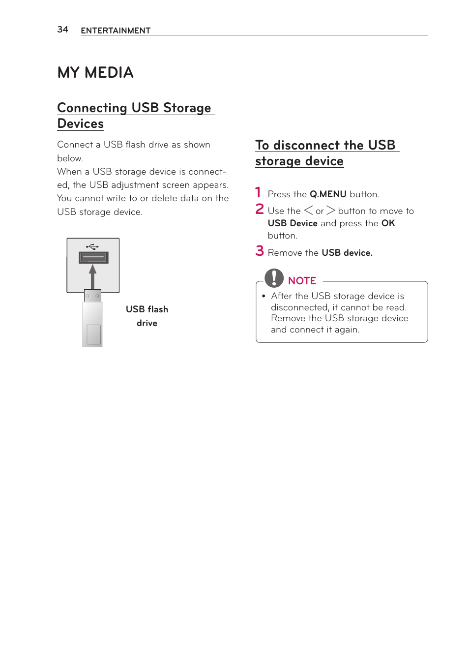 My media, Connecting usb storage devices, To disconnect the usb storage device | Connecting usb storage devices 34, To disconnect the usb storage, Device | LG PG65U User Manual | Page 34 / 68