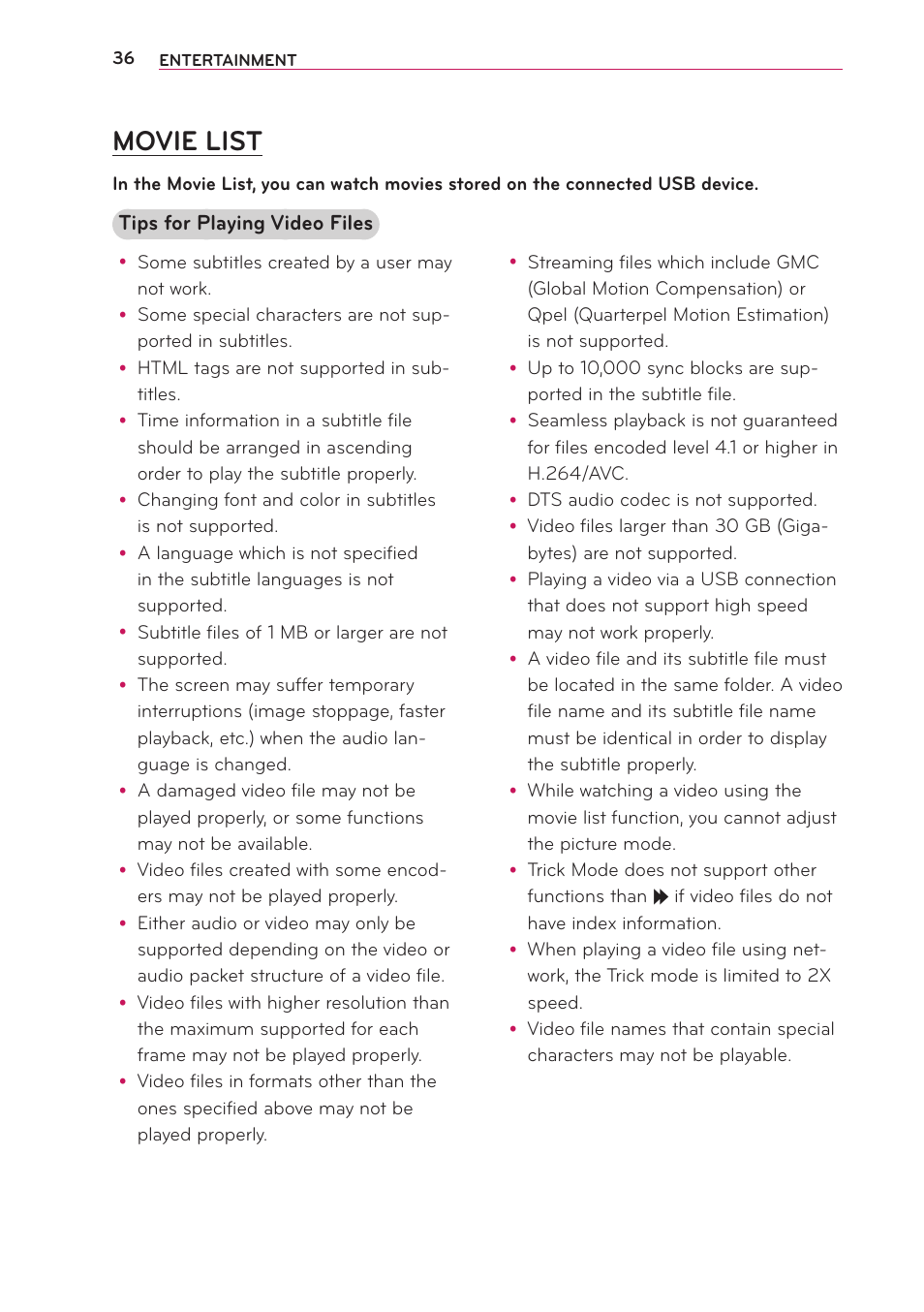 Movie list | LG PG65U User Manual | Page 36 / 68