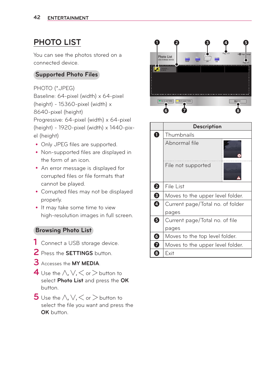 Photo list, Supported photo files, Browsing photo list | LG PG65U User Manual | Page 42 / 68