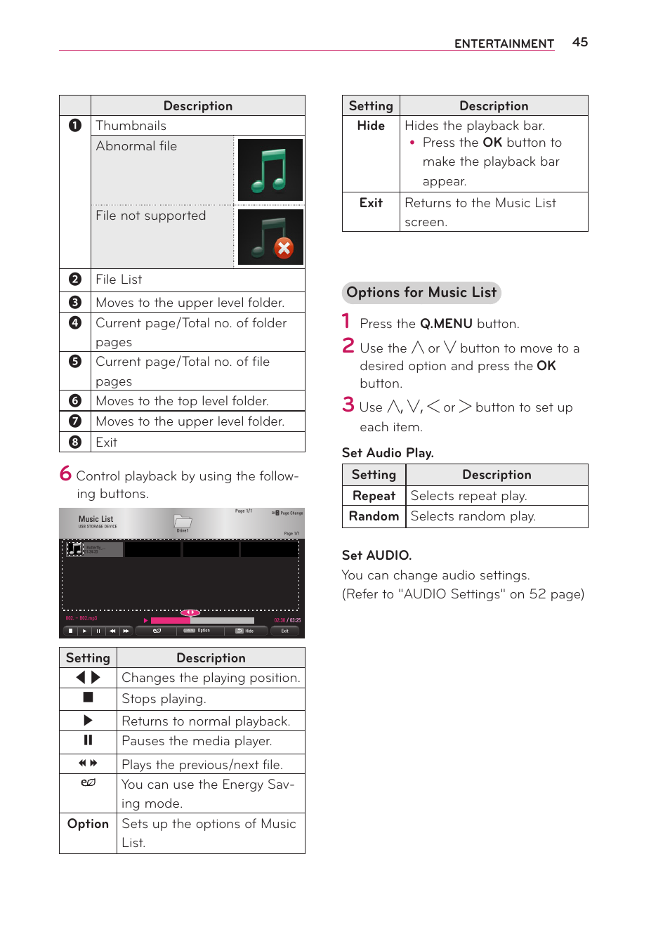 Options for music list | LG PG65U User Manual | Page 45 / 68