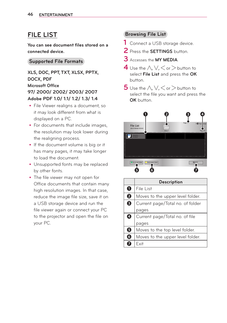 File list, Supported file formats, Browsing file list | LG PG65U User Manual | Page 46 / 68