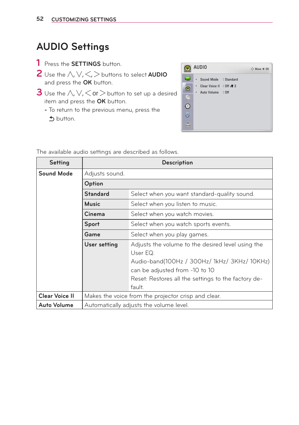 Audio settings | LG PG65U User Manual | Page 52 / 68