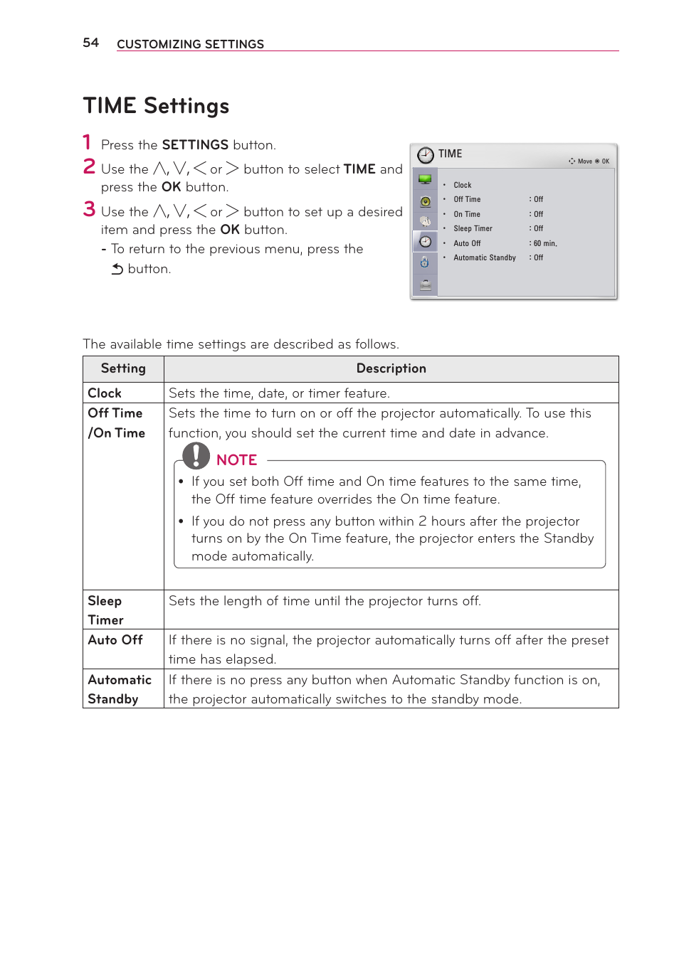 Time settings | LG PG65U User Manual | Page 54 / 68