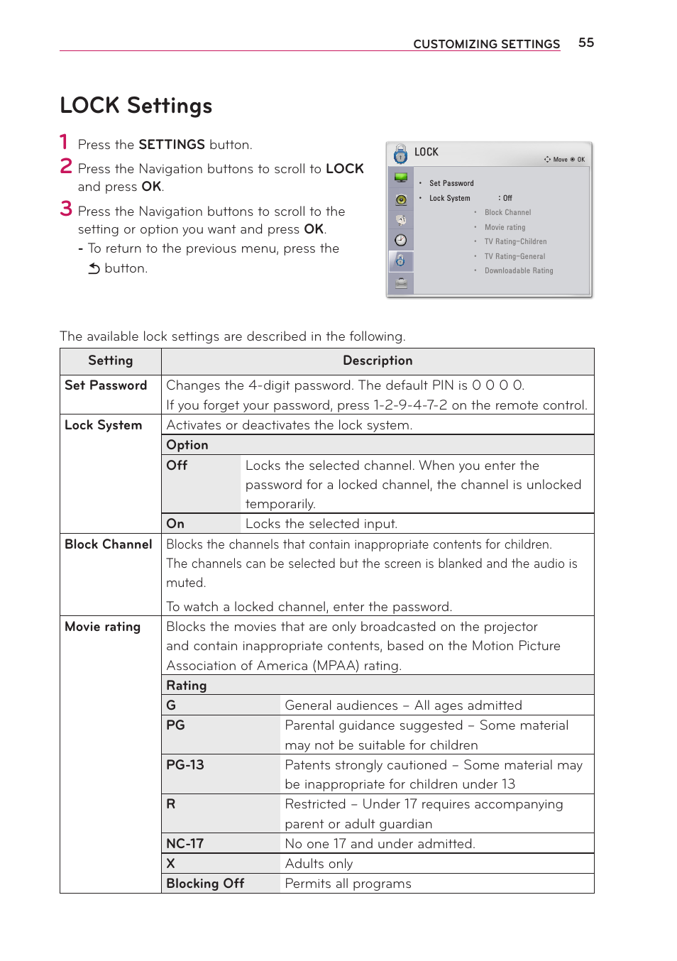 Lock settings | LG PG65U User Manual | Page 55 / 68