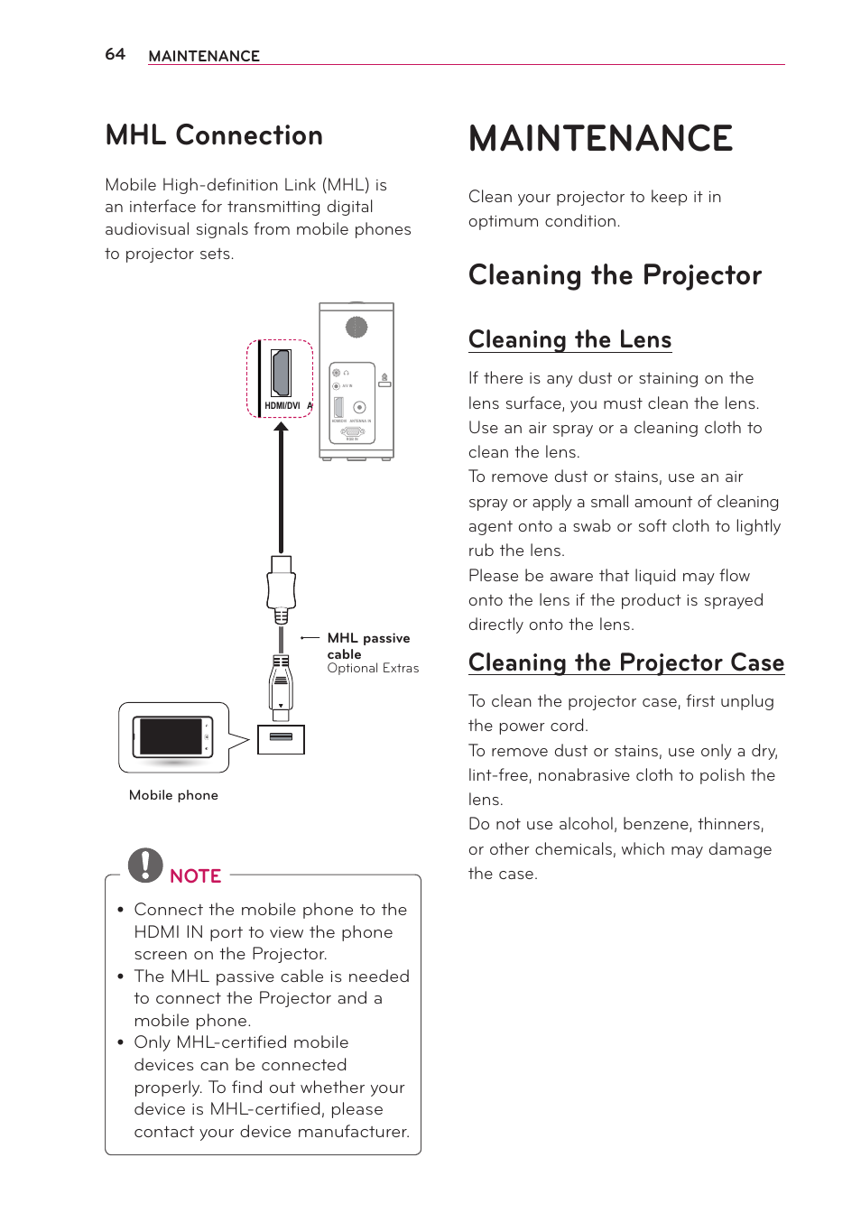 Mhl connection, Maintenance, Cleaning the projector | Cleaning the lens, Cleaning the projector case | LG PG65U User Manual | Page 64 / 68