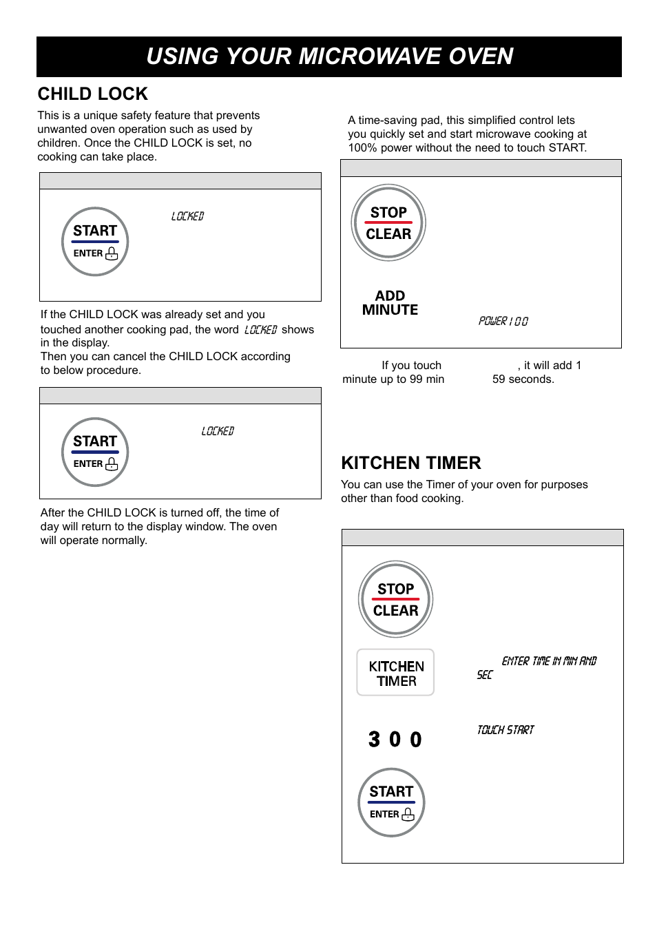 Using your microwave oven, Child lock, Kitchen timer | Add minute | LG LRMP1270ST User Manual | Page 12 / 28