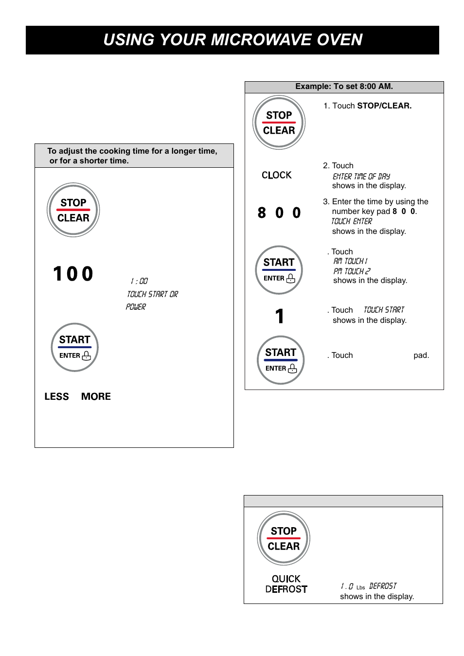 Using your microwave oven, More/less, Quick defrost | Clock | LG LRMP1270ST User Manual | Page 13 / 28