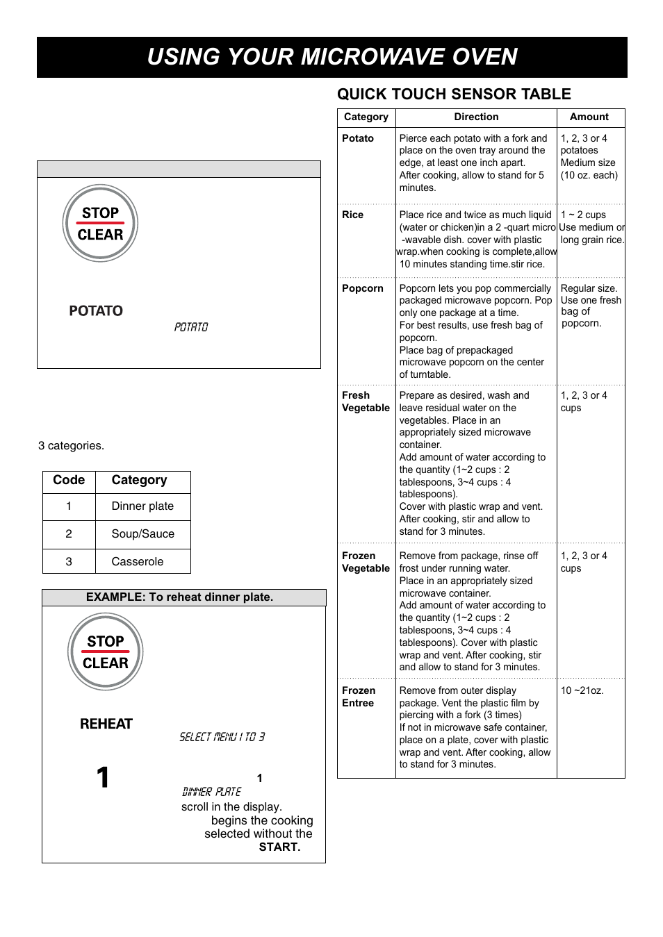 Using your microwave oven, Quick touch sensor, Quick touch sensor reheat | Quick touch sensor table | LG LRMP1270ST User Manual | Page 15 / 28