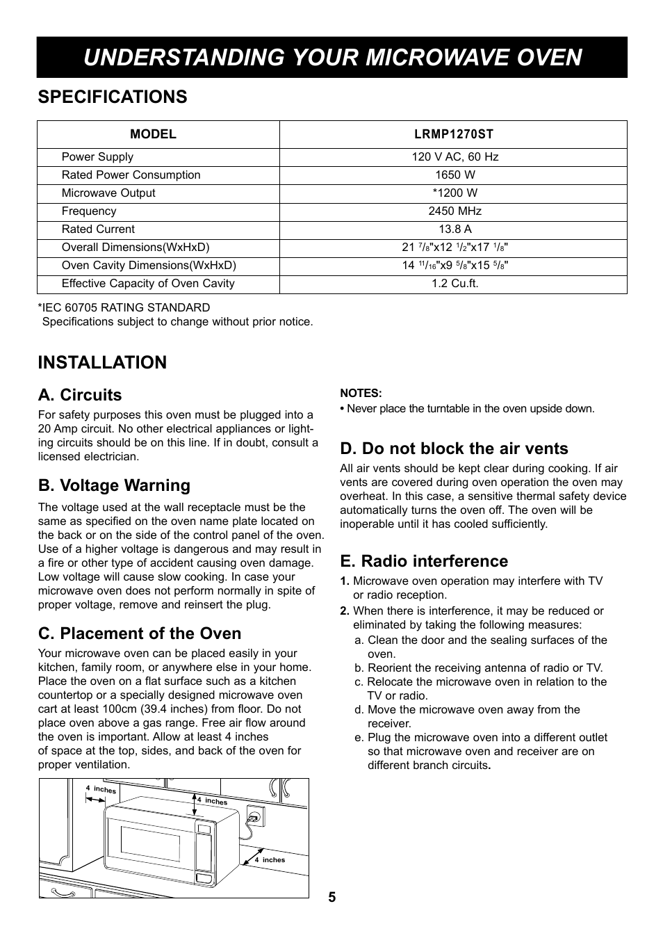Understanding your microwave oven, Specifications, Installation | A. circuits, B. voltage warning, C. placement of the oven, D. do not block the air vents, E. radio interference | LG LRMP1270ST User Manual | Page 5 / 28
