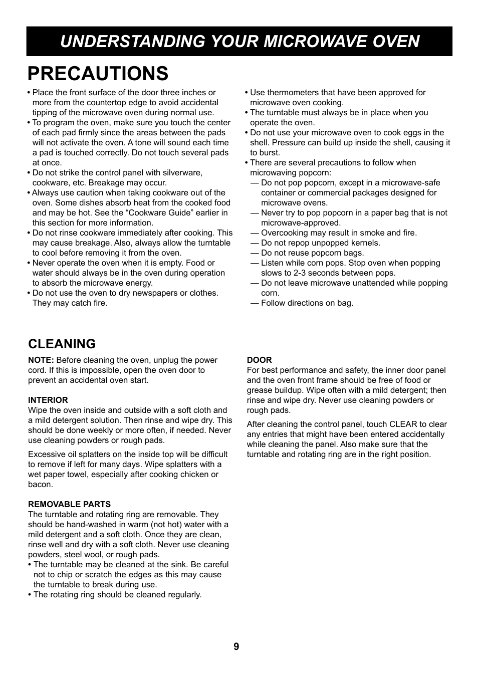Precautions, Understanding your microwave oven, Cleaning | LG LRMP1270ST User Manual | Page 9 / 28