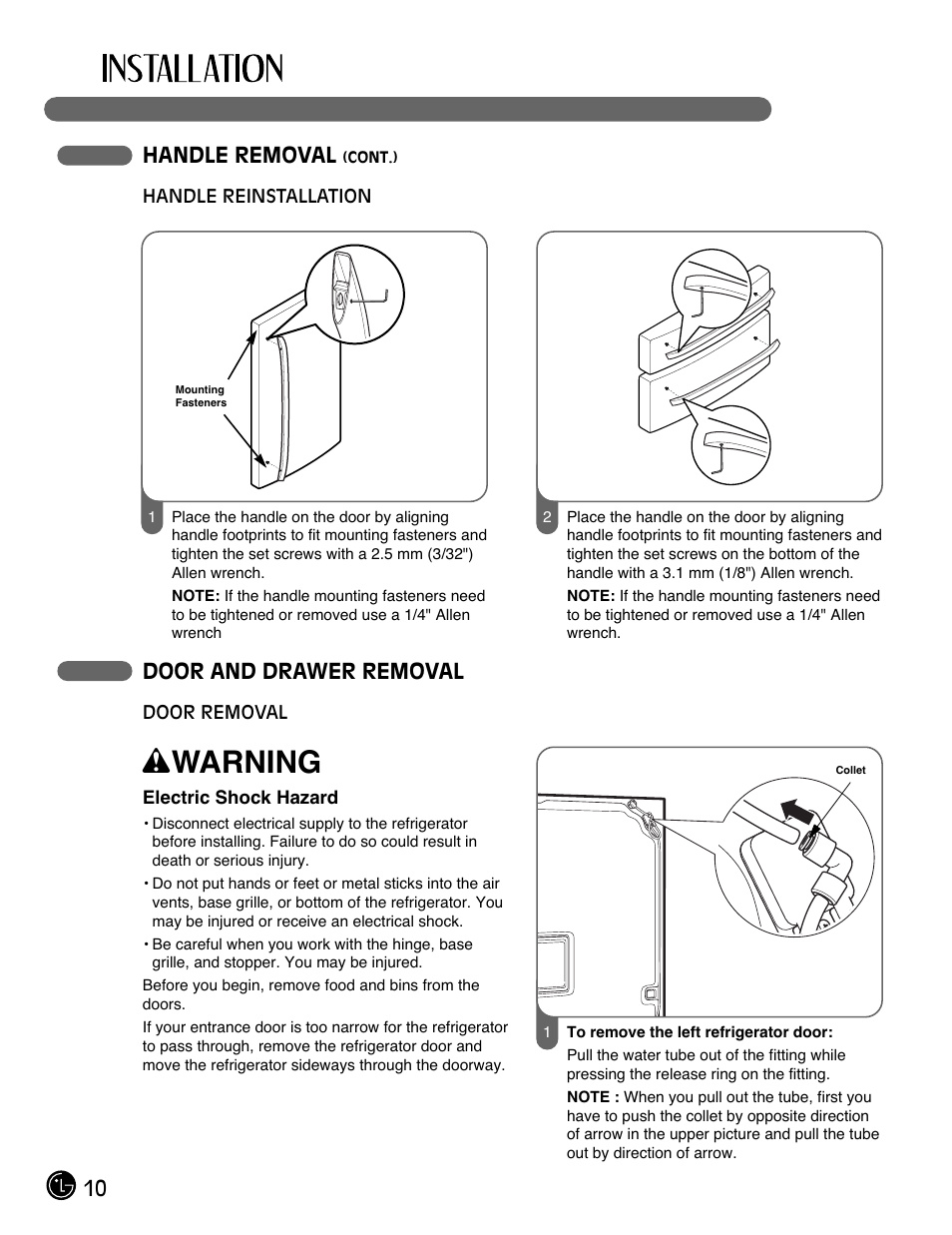 Wwarning, 10 handle removal, Door and drawer removal | LG LMX28983ST User Manual | Page 10 / 46