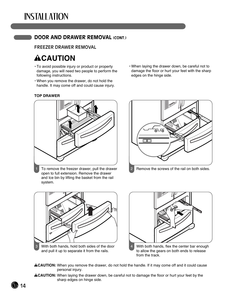 Wcaution, 14 door and drawer removal | LG LMX28983ST User Manual | Page 14 / 46