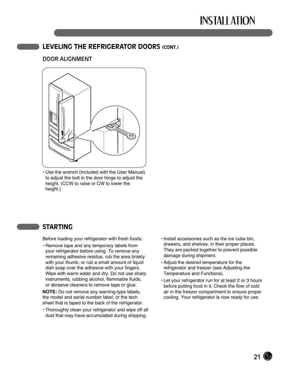 21 leveling the refrigerator doors, Starting | LG LMX28983ST User Manual | Page 21 / 46