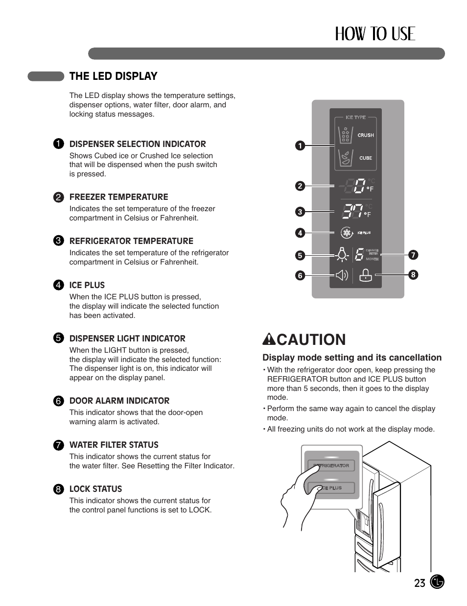 Wcaution, 23 the led display | LG LMX28983ST User Manual | Page 23 / 46